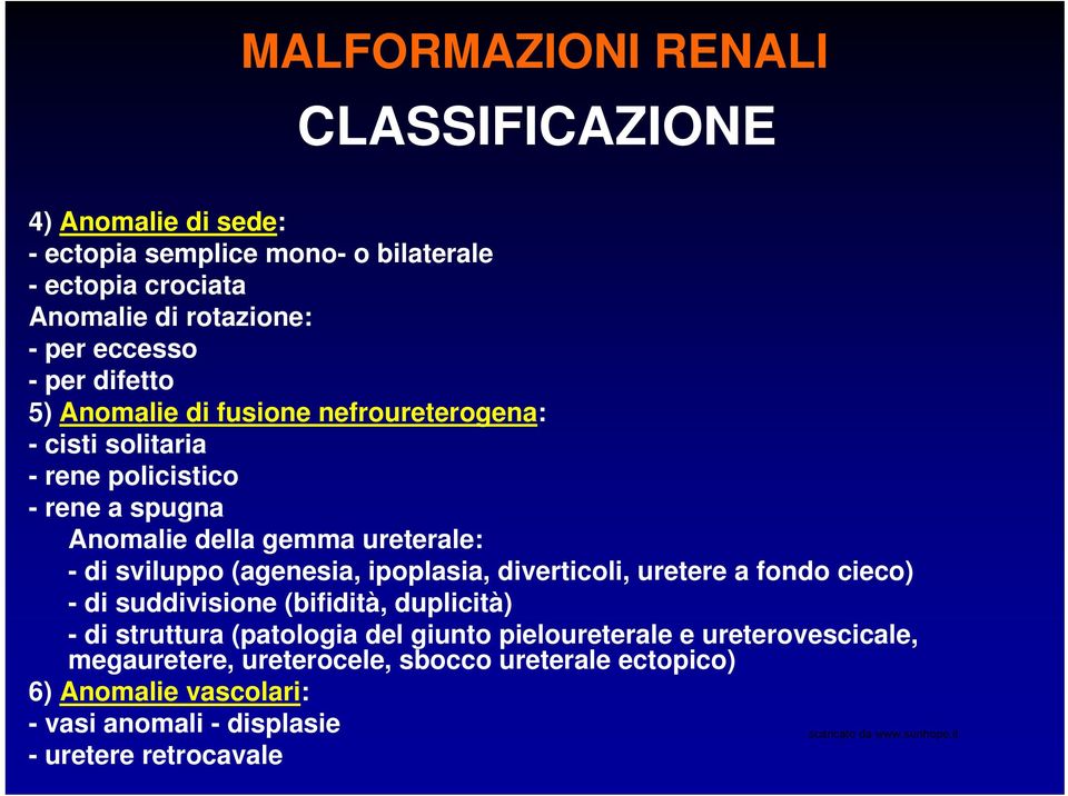 di sviluppo (agenesia, ipoplasia, diverticoli, uretere a fondo cieco) - di suddivisione (bifidità, duplicità) - di struttura (patologia del giunto