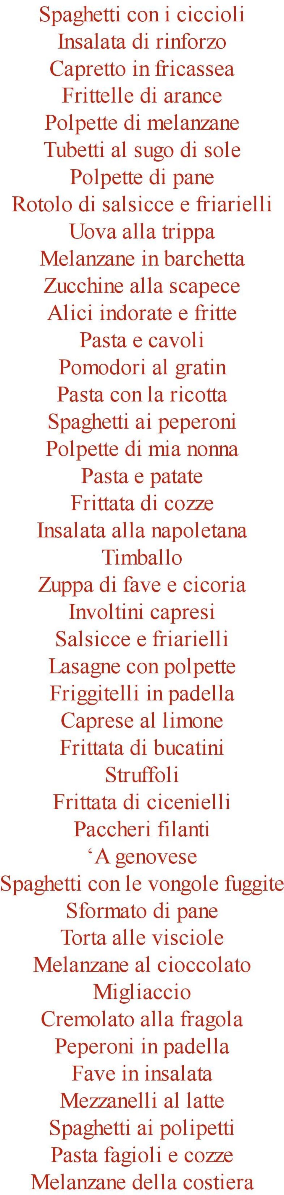 cozze Insalata alla napoletana Timballo Zuppa di fave e cicoria Involtini capresi Salsicce e friarielli Lasagne con polpette Friggitelli in padella Caprese al limone Frittata di bucatini Struffoli