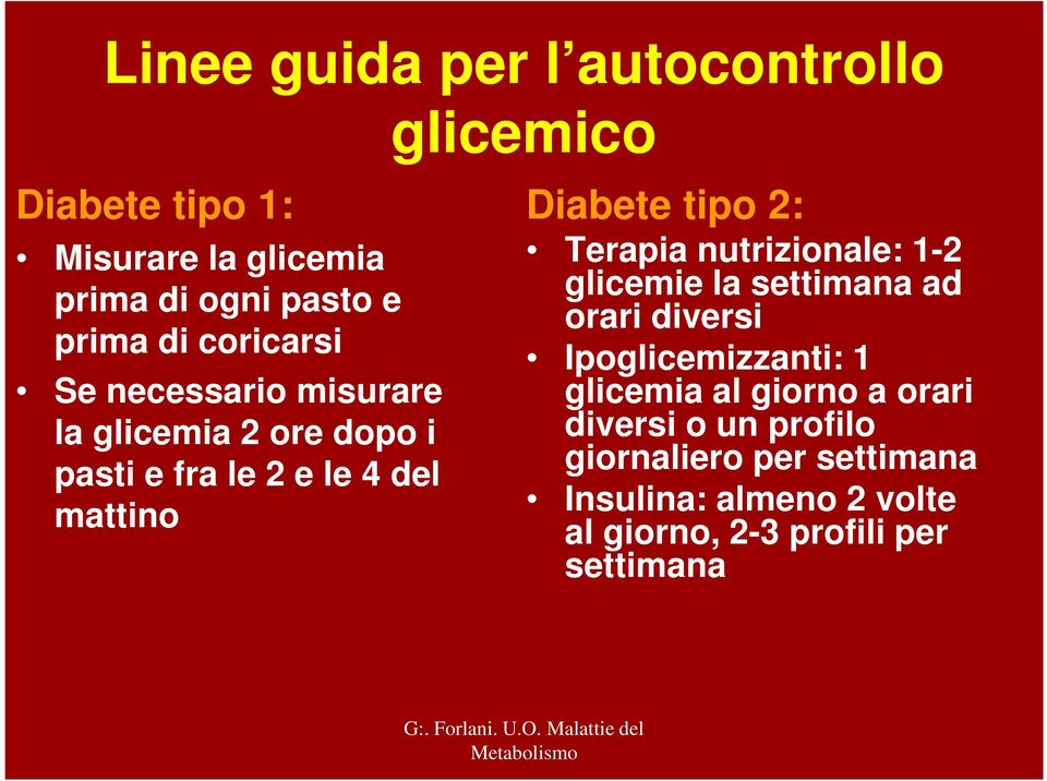 Terapia nutrizionale: 1-2 glicemie la settimana ad orari diversi Ipoglicemizzanti: 1 glicemia al giorno a