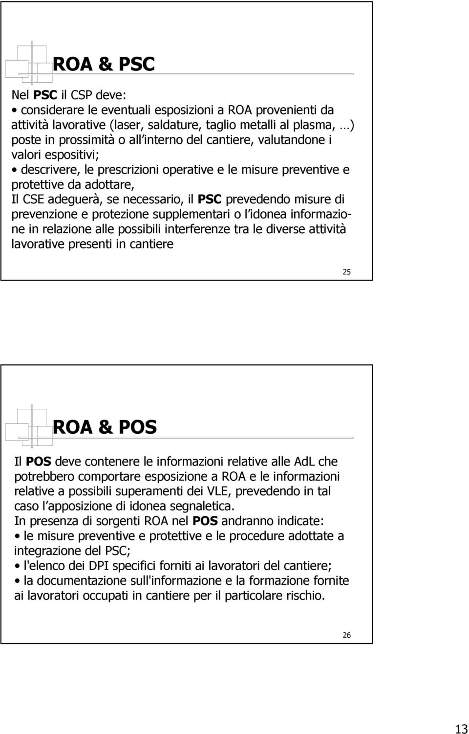 prevenzione e protezione supplementari o l idonea informazione in relazione alle possibili interferenze tra le diverse attività lavorative presenti in cantiere 25 ROA & POS Il POS deve contenere le