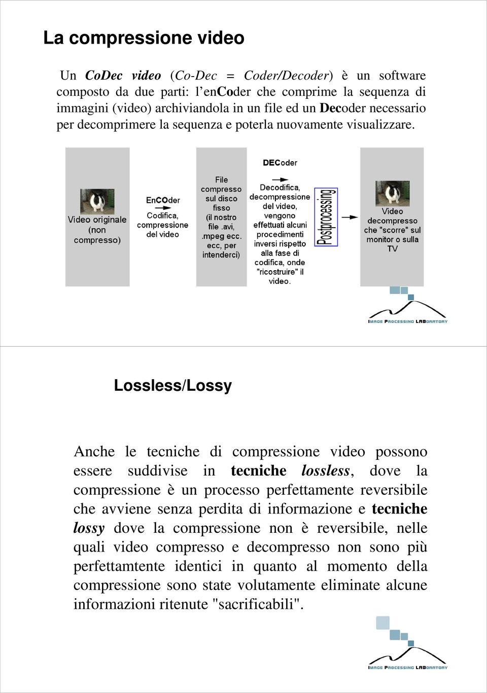 Lossless/Lossy Anche le tecniche di compressione video possono essere suddivise in tecniche lossless, dove la compressione è un processo perfettamente reversibile che avviene senza