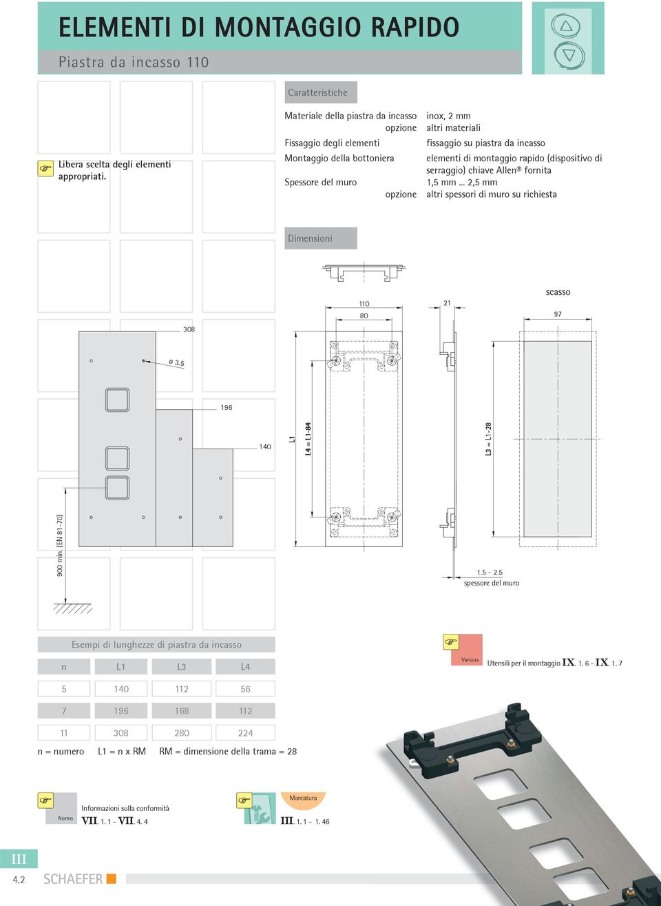 5 196 140 L4 = -84 L3 = -28 900 min. (EN 81-70) 1.5-2.5 spessore del muro Esempi di lunghezze di piastra da incasso n L3 L4 Various Utensili per il montaggio IX. 1. 6 - IX.