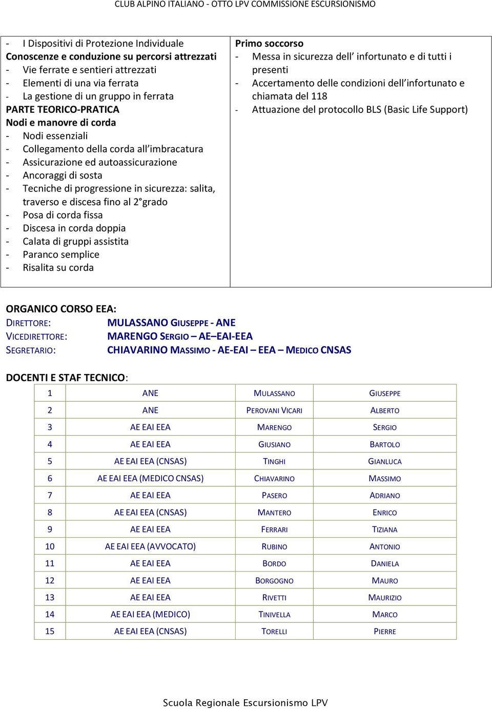 salita, traverso e discesa fino al 2 grado - Posa di corda fissa - Discesa in corda doppia - Calata di gruppi assistita - Paranco semplice - Risalita su corda Primo soccorso - Messa in sicurezza dell