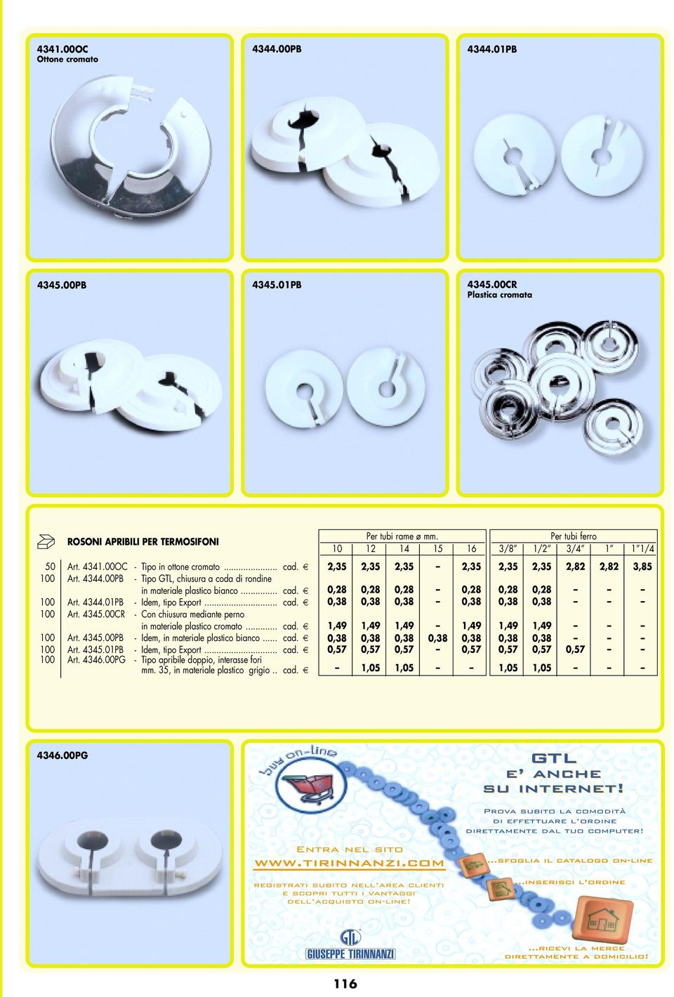 .. cad. 100 Art. 4345.01PB - Idem, tipo Export... cad. 100 Art. 4346.00PG - Tipo apribile doppio, interasse fori mm. 35, in materiale plastico grigio.. cad. Per tubi rame ø mm.