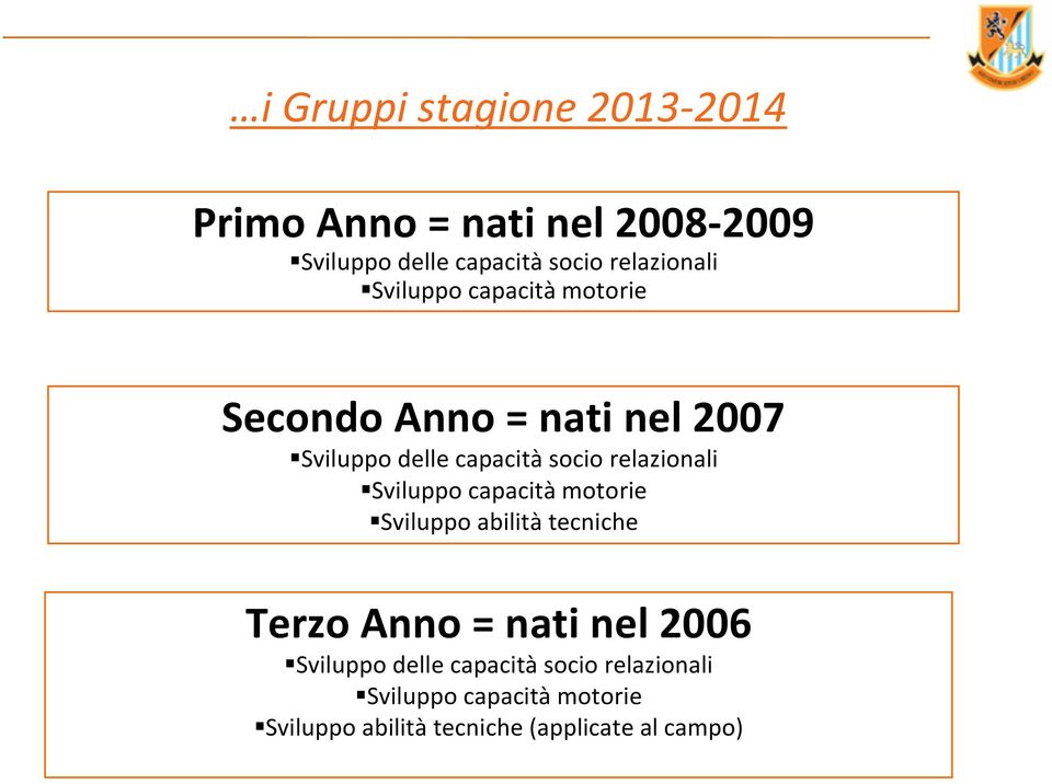 relazionali Sviluppo capacità motorie Sviluppo abilità tecniche Terzo Anno = nati nel 2006