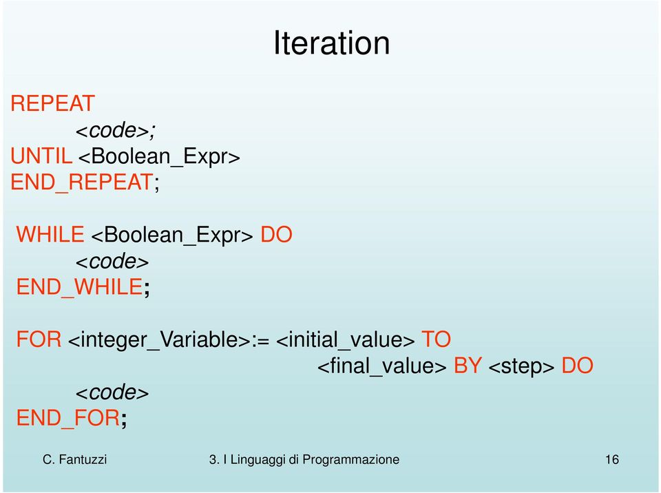 <integer_variable>:= <initial_value> TO <final_value> BY