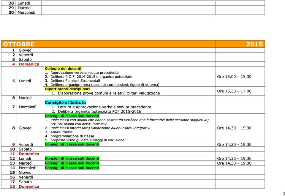 Elaborazione prove comuni e relativi criteri valutazione Ore 15,30 17,00 6 Martedì Consiglio di Istituto 7 Mercoledì 1. Lettura e approvazione verbale seduta precedente 2.