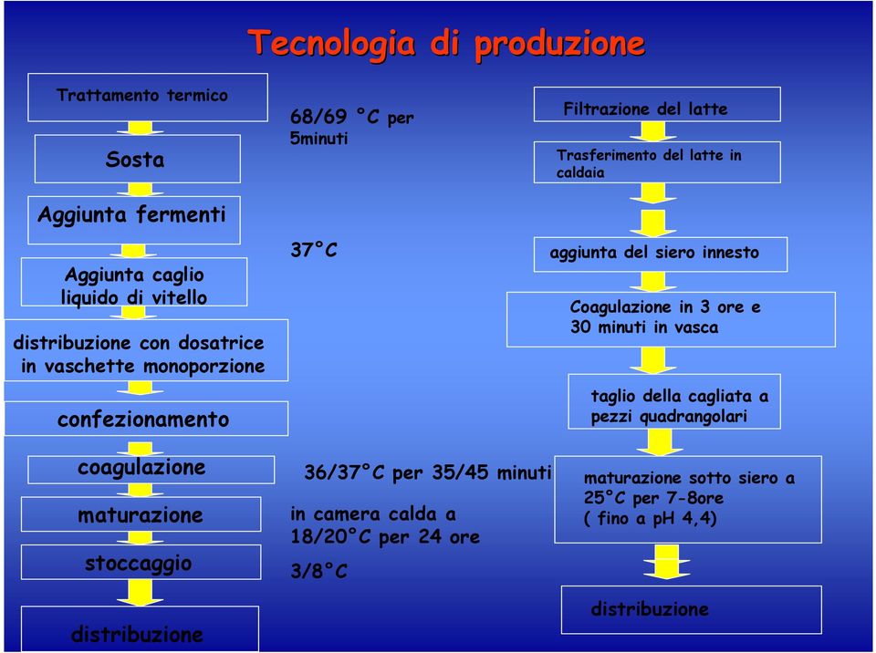 innesto Coagulazione in 3 ore e 30 minuti in vasca taglio della cagliata a pezzi quadrangolari coagulazione maturazione stoccaggio