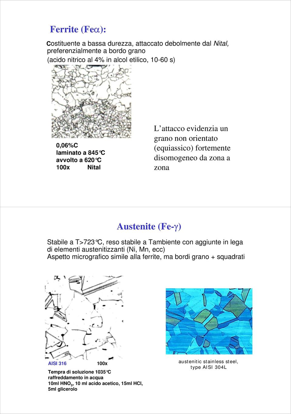 T>723, reso stabile a Tambiente con aggiunte in lega di elementi austenitizzanti (Ni, Mn, ecc) Aspetto micrografico simile alla ferrite, ma bordi grano +