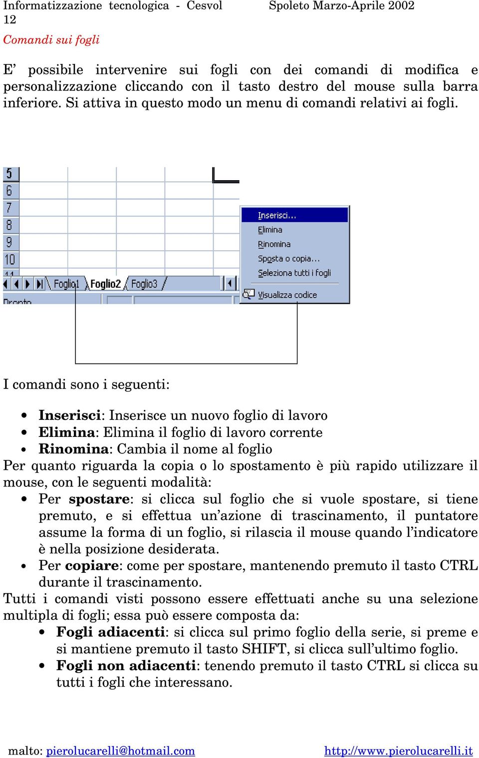 I comandi sono i seguenti: Inserisci: Inserisce un nuovo foglio di lavoro Elimina: Elimina il foglio di lavoro corrente Rinomina: Cambia il nome al foglio Per quanto riguarda la copia o lo