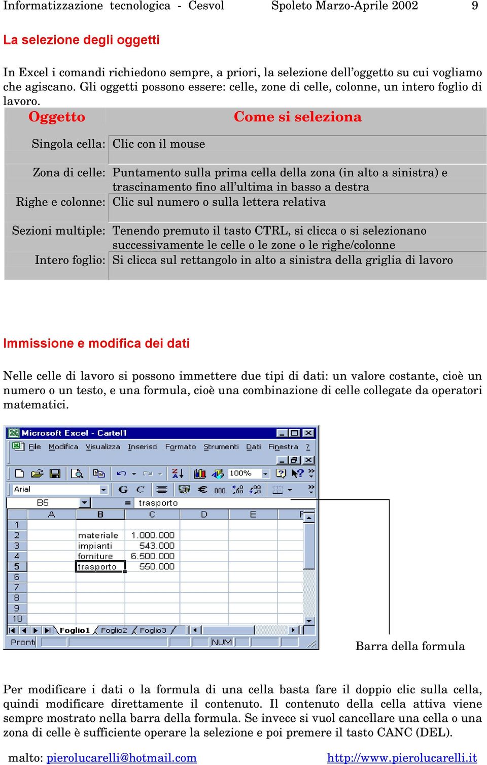 Oggetto Come si seleziona Singola cella: Clic con il mouse Zona di celle: Puntamento sulla prima cella della zona (in alto a sinistra) e trascinamento fino all ultima in basso a destra Righe e