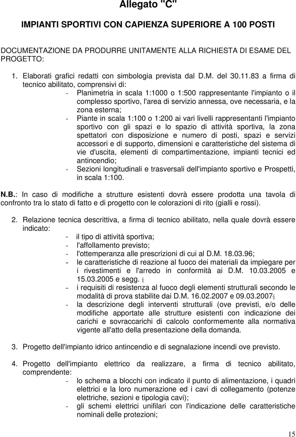 83 a firma di tecnico abilitato, comprensivi di: - Planimetria in scala 1:1000 o 1:500 rappresentante l'impianto o il complesso sportivo, l'area di servizio annessa, ove necessaria, e la zona