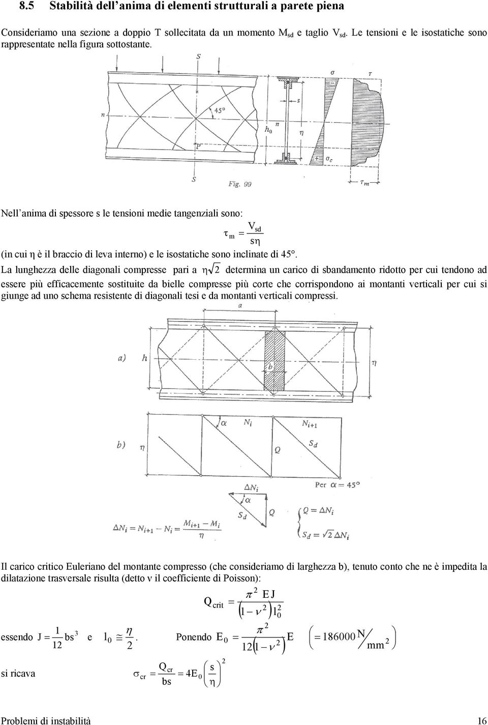 Nell anima di spessore s le tensioni medie tangenziali sono: τ m = sη (in cui η è il braccio di leva interno) e le isostatiche sono inclinate di 45.