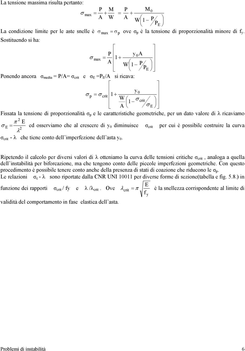 caratteristiche geometriche, per un dato valore di λ ricaviamo π E σ E = ed osserviamo che al crescere di y 0 diminuisce σ crit per cui è possibile costruire la curva λ σ crit - λ che tiene conto