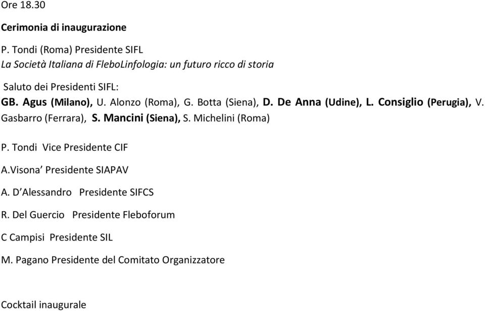 Agus (Milano), U. Alonzo (Roma), G. Botta (Siena), D. De Anna (Udine), L. Consiglio (Perugia), V. Gasbarro (Ferrara), S.