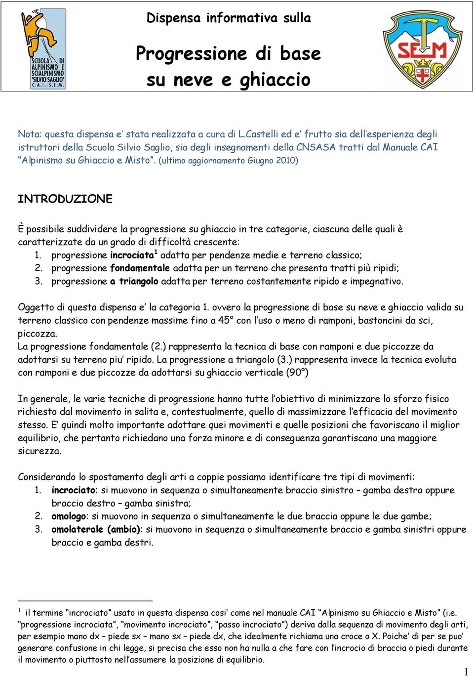 (ultimo aggiornamento Giugno 2010) INTRODUZIONE È possibile suddividere la progressione su ghiaccio in tre categorie, ciascuna delle quali è caratterizzate da un grado di difficoltà crescente: 1.