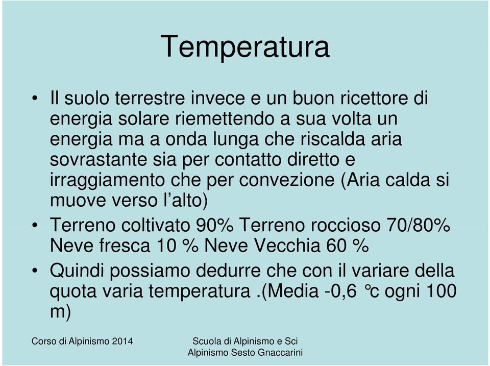 convezione (Aria calda si muove verso l alto) Terreno coltivato 90% Terreno roccioso 70/80% Neve fresca 10 %