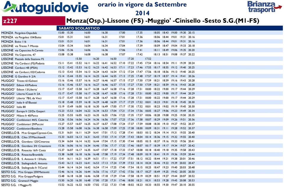 04 15.34 16.04 16.34 17.04 17.39 18.09 18.47 19.04 19.33 20.18 LISSONE via Capuccina /fr.carmio 15.06 15.36 16.06 16.36 17.06 17.41 18.11 18.49 19.06 19.35 20.20 LISSONE Via Capuccina, 47 15.08 15.