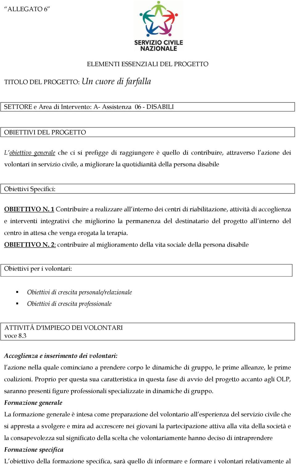 1 Contribuire a realizzare all interno dei centri di riabilitazione, attività di accoglienza e interventi integrativi che migliorino la permanenza del destinatario del progetto all interno del centro