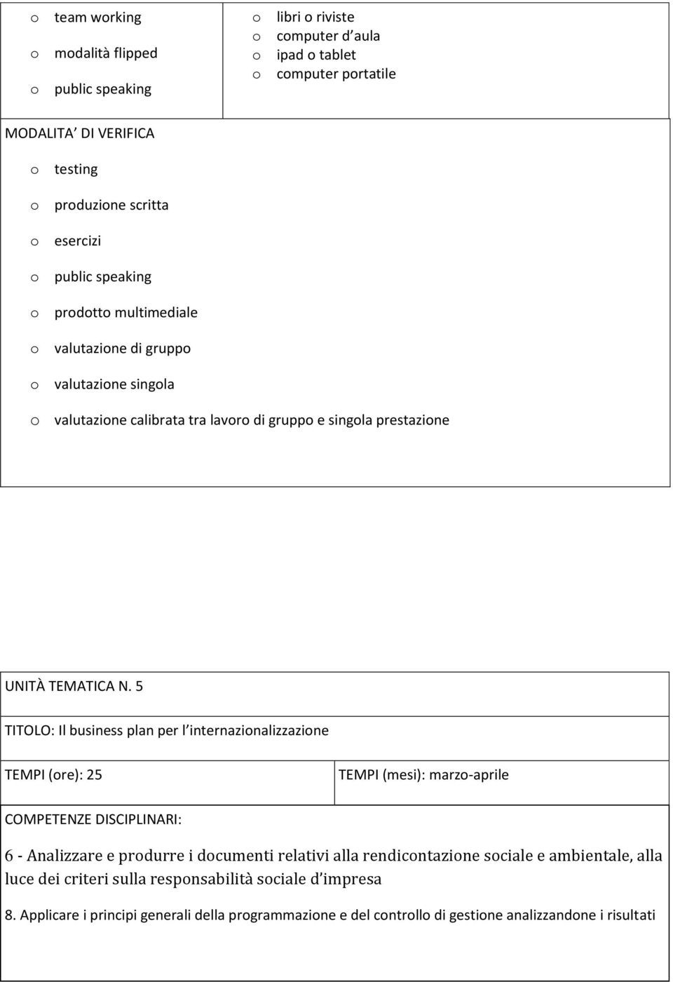 5 TITOLO: Il business plan per l internazionalizzazione TEMPI (ore): 25 TEMPI (mesi): marzo-aprile COMPETENZE DISCIPLINARI: 6 - Analizzare e produrre i documenti relativi alla