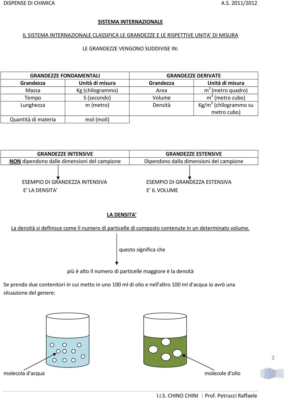 materia mol (moli) GRANDEZZE INTENSIVE NON dipendono dalle dimensioni del campione GRANDEZZE ESTENSIVE Dipendono dalla dimensioni del campione ESEMPIO DI GRANDEZZA INTENSIVA E' LA DENSITA' ESEMPIO DI