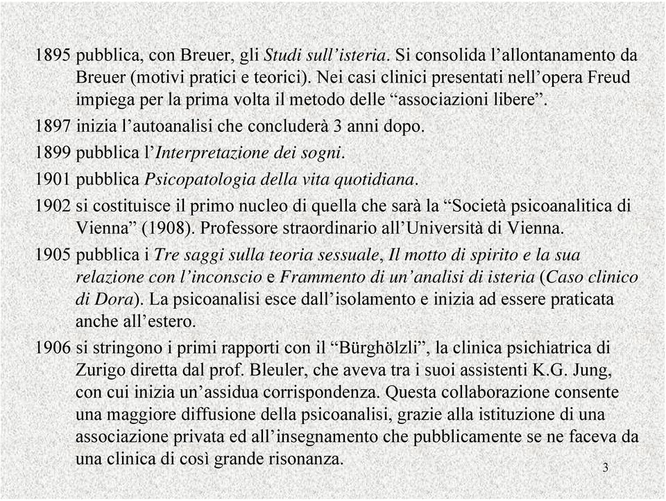 1899 pubblica l Interpretazione dei sogni. 1901 pubblica Psicopatologia della vita quotidiana. 1902 si costituisce il primo nucleo di quella che sarà la Società psicoanalitica di Vienna (1908).