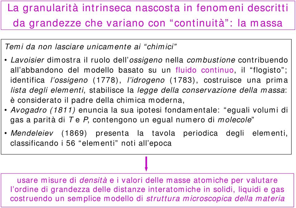 la legge della conservazione della massa: è considerato il padre della chimica moderna, Avogadro (1811) enuncia la sua ipotesi fondamentale: eguali volumi di gas a parità di T e P, contengono un