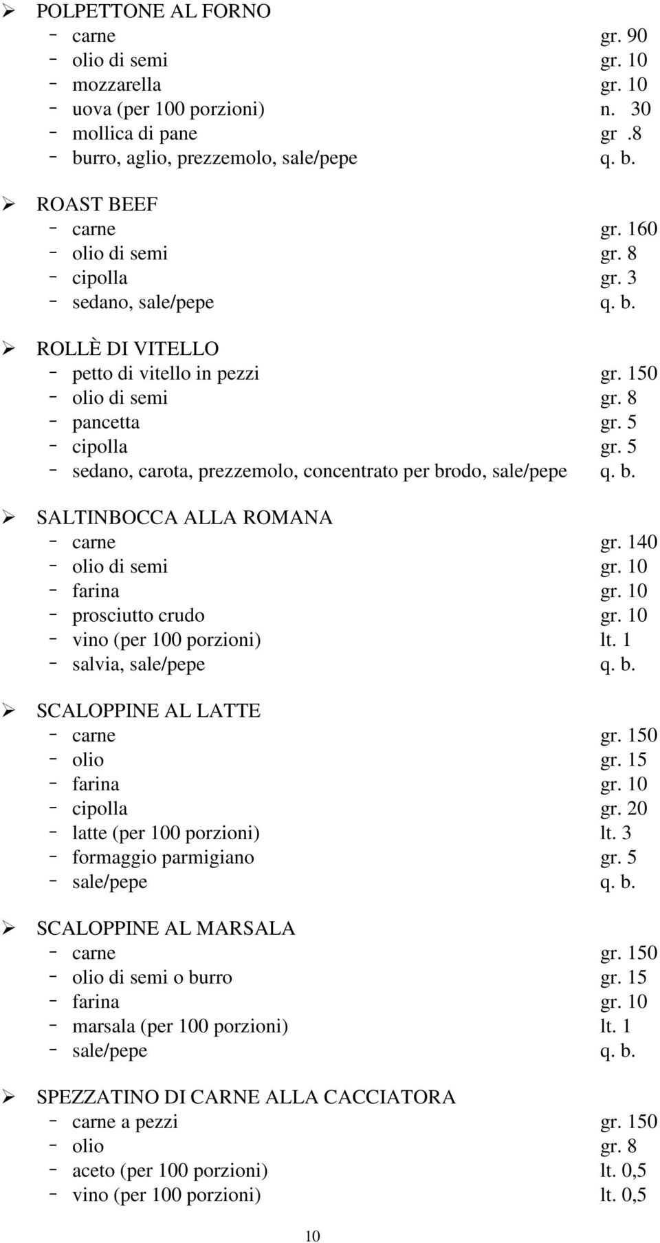 5 sedano, carota, prezzemolo, concentrato per brodo, sale/pepe q. b. SALTINBOCCA ALLA ROMANA carne gr. 140 olio di semi gr. 10 farina gr. 10 prosciutto crudo gr. 10 vino (per 100 porzioni) lt.