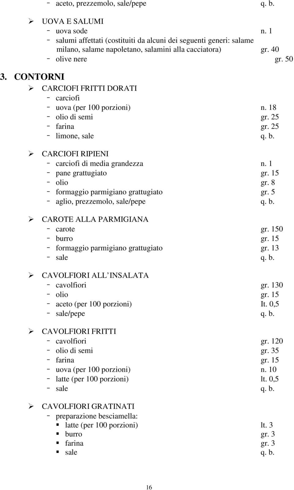 1 pane grattugiato gr. 15 olio gr. 8 formaggio parmigiano grattugiato gr. 5 aglio, prezzemolo, sale/pepe q. b. CAROTE ALLA PARMIGIANA carote gr. 150 burro gr. 15 formaggio parmigiano grattugiato gr.