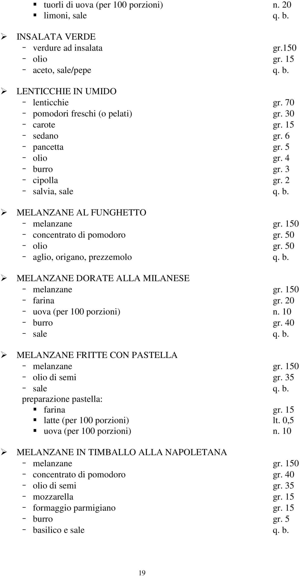 50 aglio, origano, prezzemolo q. b. MELANZANE DORATE ALLA MILANESE melanzane gr. 150 farina gr. 20 uova (per 100 porzioni) n. 10 burro gr. 40 MELANZANE FRITTE CON PASTELLA melanzane gr.