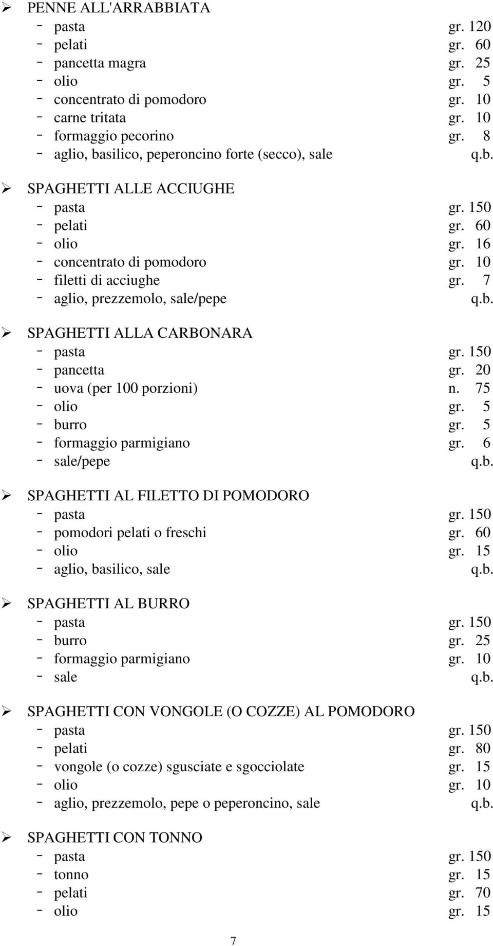 7 aglio, prezzemolo, sale/pepe SPAGHETTI ALLA CARBONARA pasta gr. 150 pancetta gr. 20 uova (per 100 porzioni) n. 75 olio gr. 5 burro gr. 5 formaggio parmigiano gr.