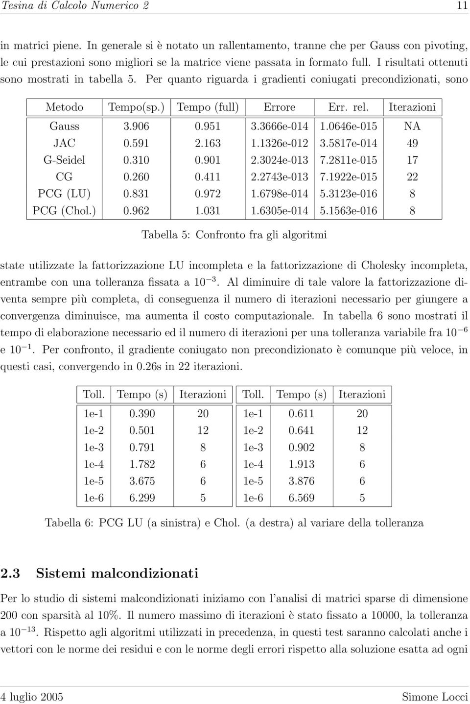 I risultati ottenuti sono mostrati in tabella 5. Per quanto riguarda i gradienti coniugati precondizionati, sono Metodo Tempo(sp.) Tempo (full) Errore Err. rel. Iterazioni Gauss 3.906 0.951 3.