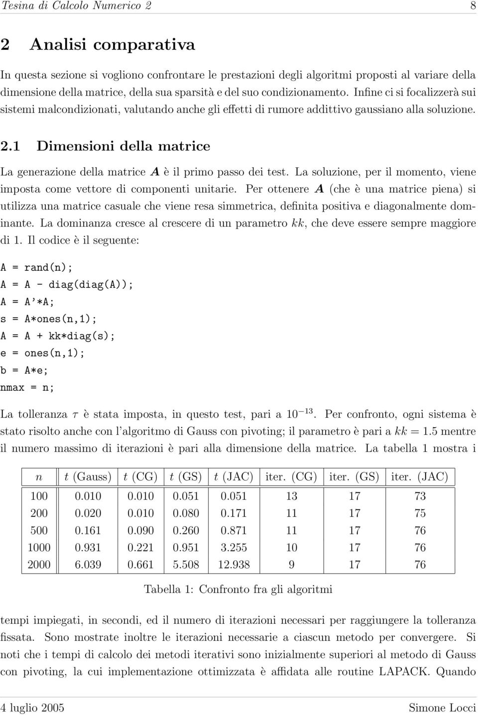 1 Dimensioni della matrice La generazione della matrice A è il primo passo dei test. La soluzione, per il momento, viene imposta come vettore di componenti unitarie.