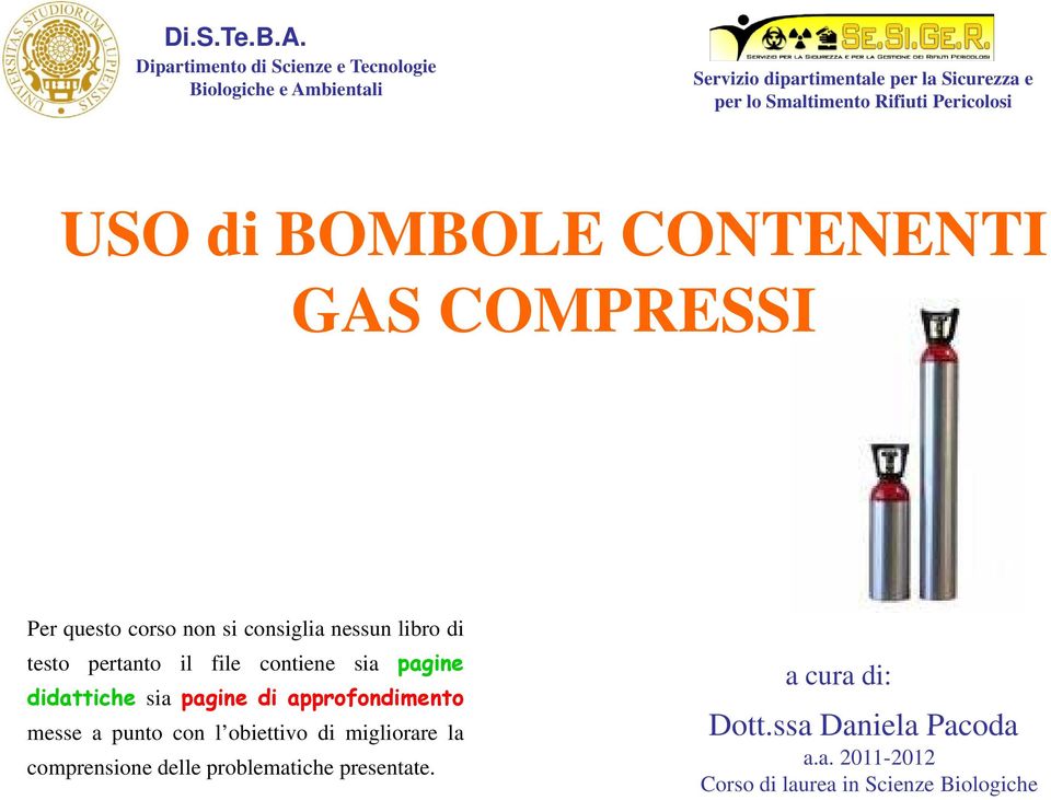 Pericolosi USO di BOMBOLE CONTENENTI GAS COMPRESSI Per questo corso non si consiglia nessun libro di testo pertanto il file contiene