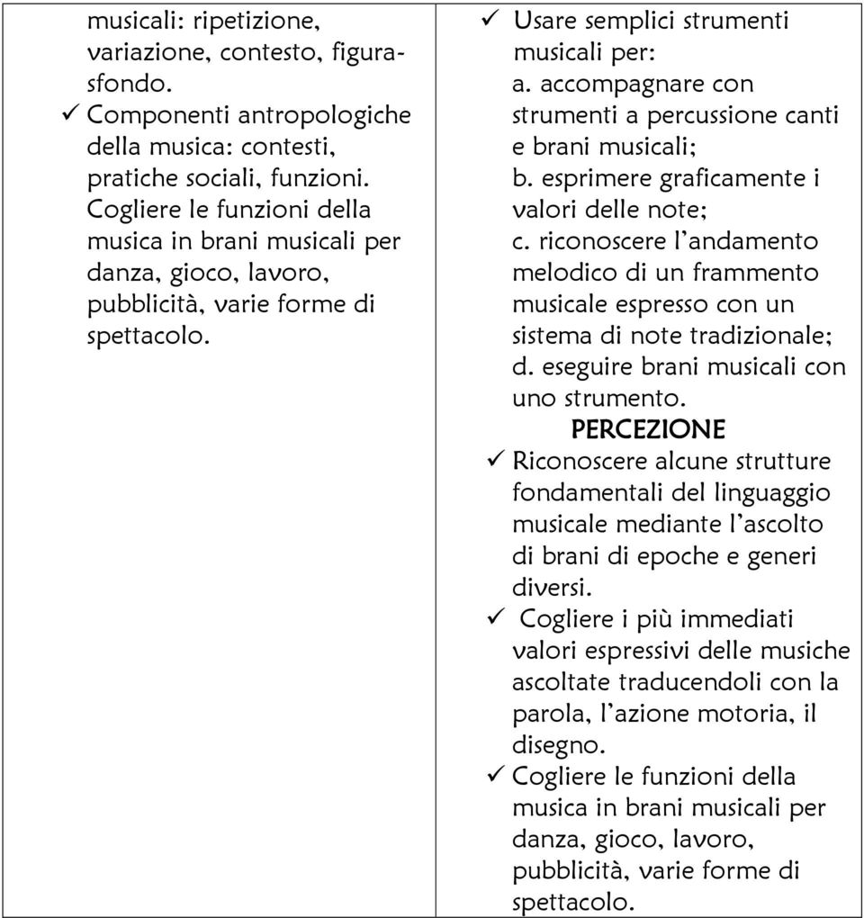 accompagnare con strumenti a percussione canti e brani musicali; b. esprimere graficamente i valori delle note; c.