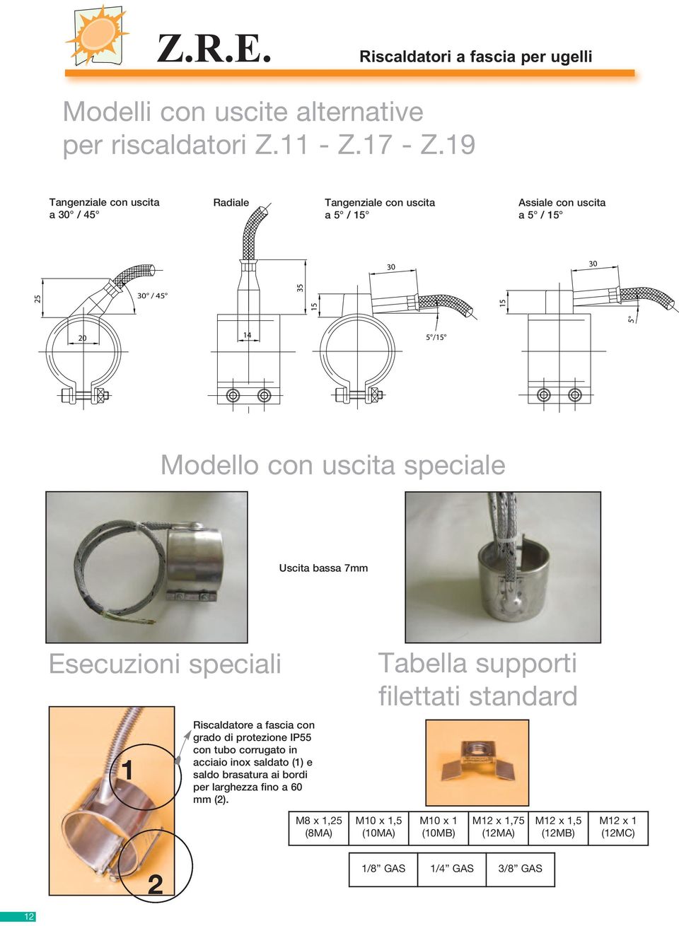 Modello con uscita speciale Uscita bassa 7mm Esecuzioni speciali 1 Riscaldatore a fascia con grado di protezione IP55 con tubo corrugato in acciaio