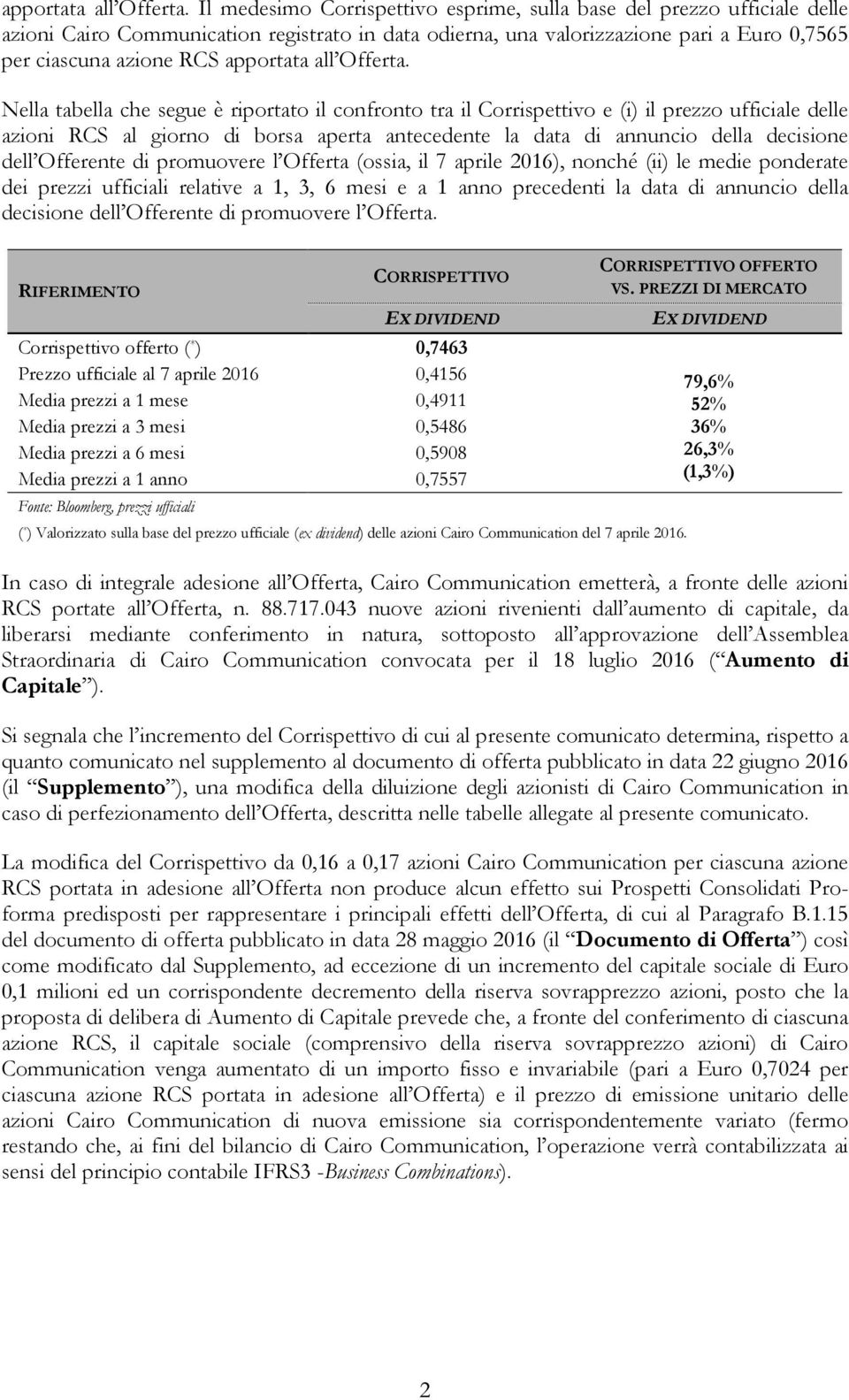 tabella che segue è riportato il confronto tra il Corrispettivo e (i) il prezzo ufficiale delle azioni RCS al giorno di borsa aperta antecedente la data di annuncio della decisione dell Offerente di