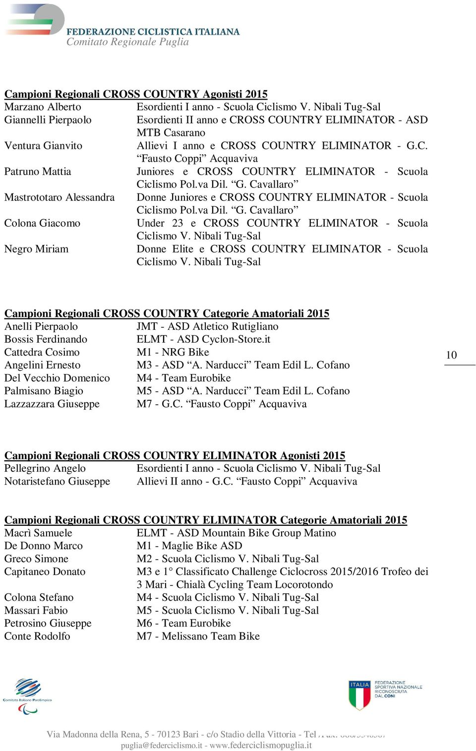 va Dil. G. Cavallaro Mastrototaro Alessandra Donne Juniores e CROSS COUNTRY ELIMINATOR - Scuola Ciclismo Pol.va Dil. G. Cavallaro Colona Giacomo Under 23 e CROSS COUNTRY ELIMINATOR - Scuola Ciclismo V.