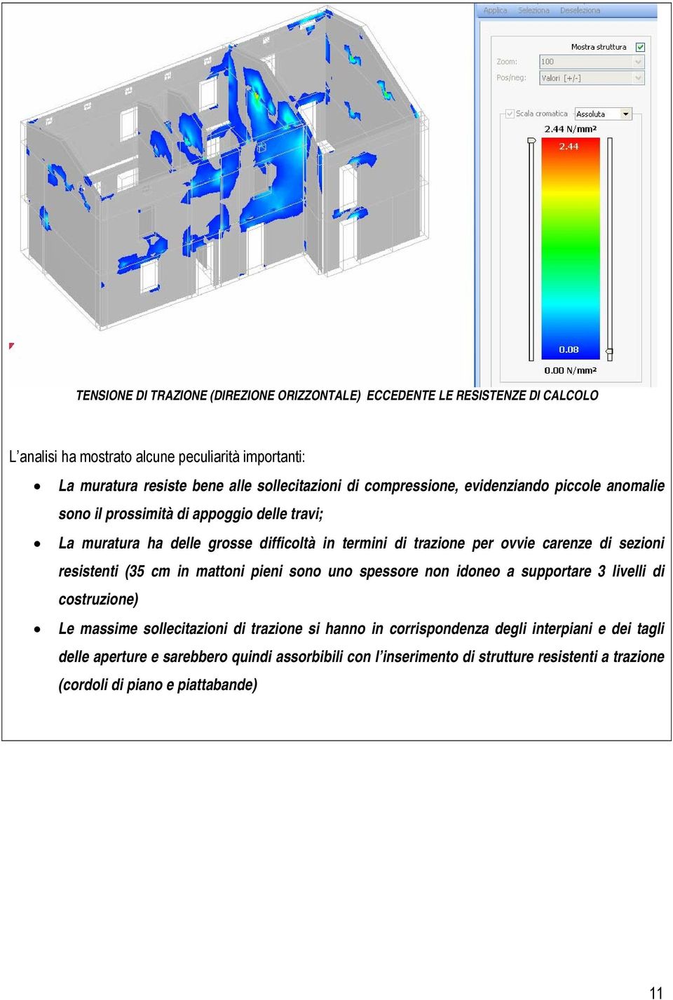 ovvie carenze di sezioni resistenti (35 cm in mattoni pieni sono uno spessore non idoneo a supportare 3 livelli di costruzione) Le massime sollecitazioni di trazione si