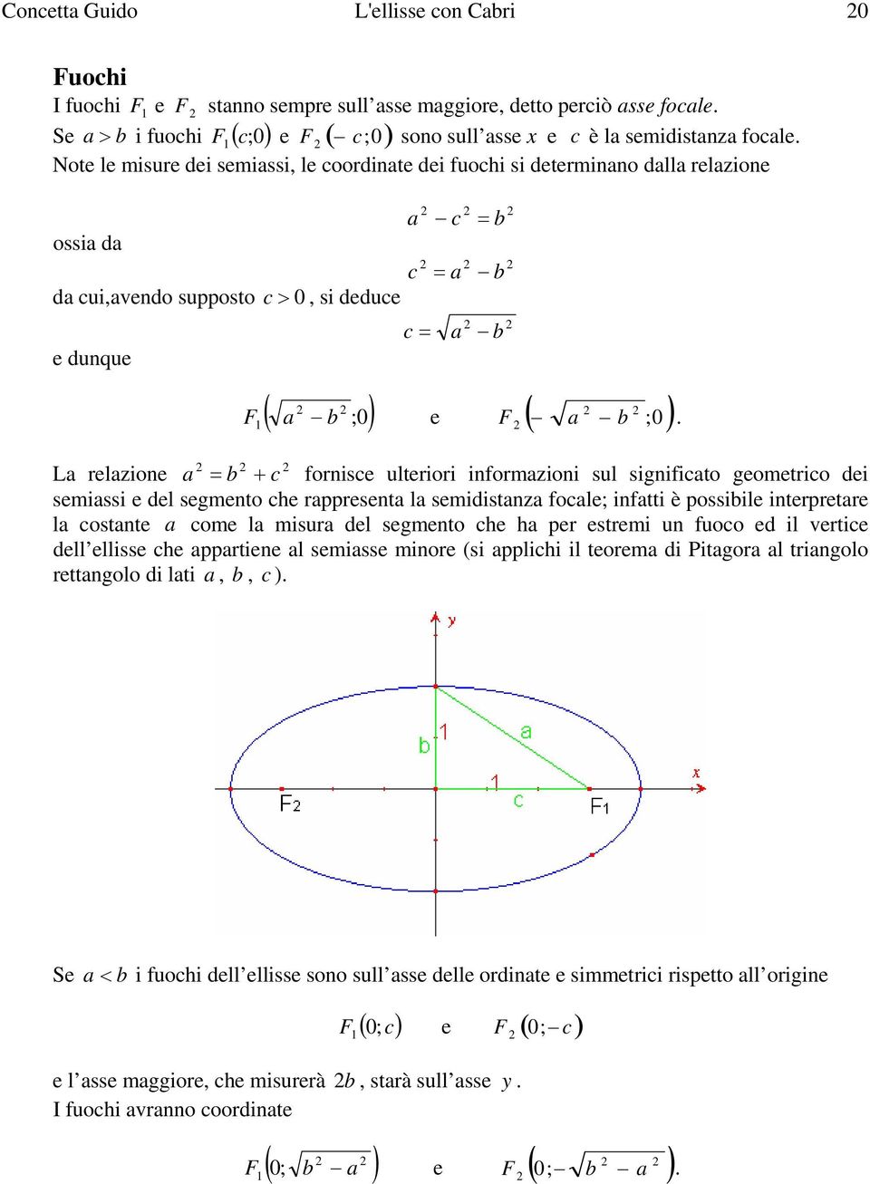 L relzione = b + c fornisce ulteriori informzioni sul significto geometrico dei semissi e del segmento che rppresent l semidistnz focle; inftti è possibile interpretre l costnte come l misur del