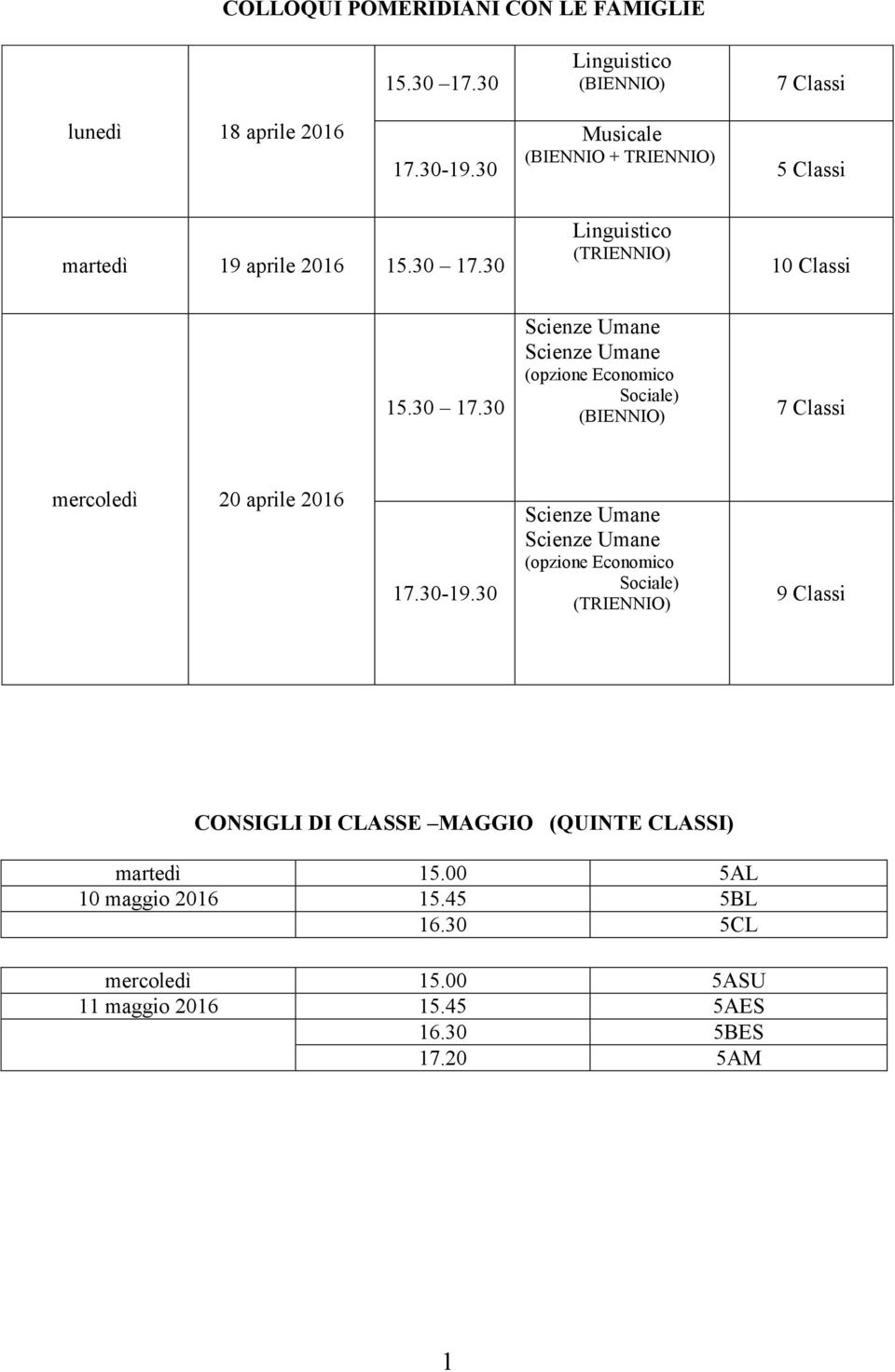 30 Linguistico (TRIENNIO) 10 Classi 15.30 17.30 (opzione Economico Sociale) (BIENNIO) 7 Classi mercoledì 20 aprile 2016 17.30-19.