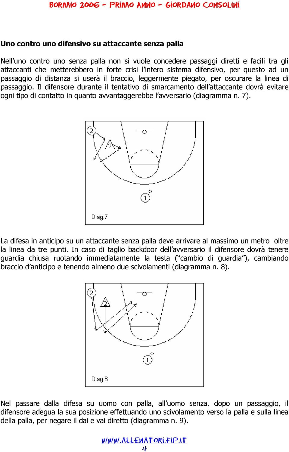 Il difensore durante il tentativo di smarcamento dell attaccante dovrà evitare ogni tipo di contatto in quanto avvantaggerebbe l avversario (diagramma n. 7).