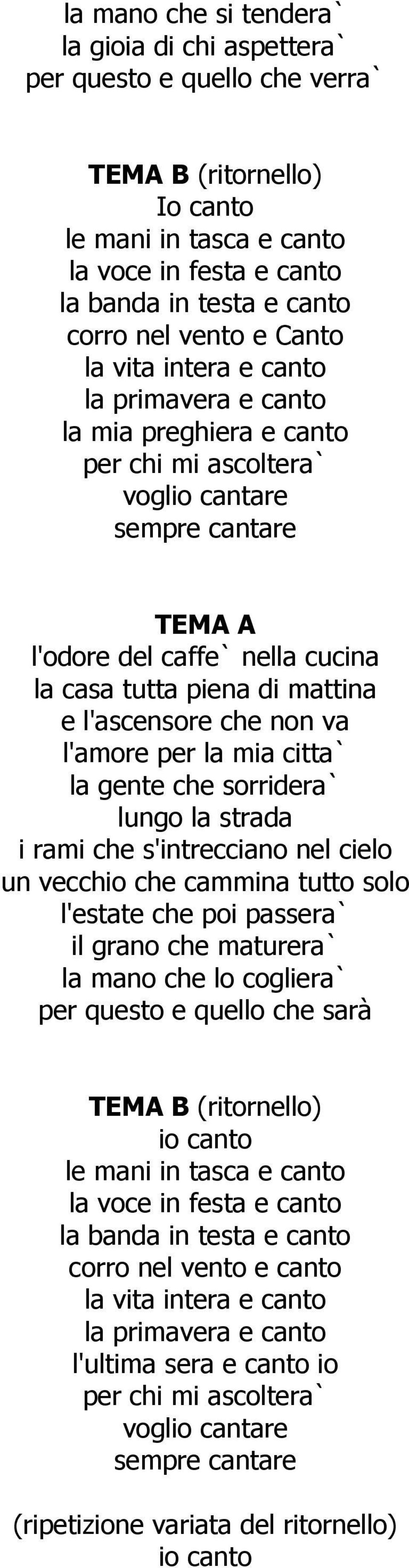 mattina e l'ascensore che non va l'amore per la mia citta` la gente che sorridera` lungo la strada i rami che s'intrecciano nel cielo un vecchio che cammina tutto solo l'estate che poi passera` il