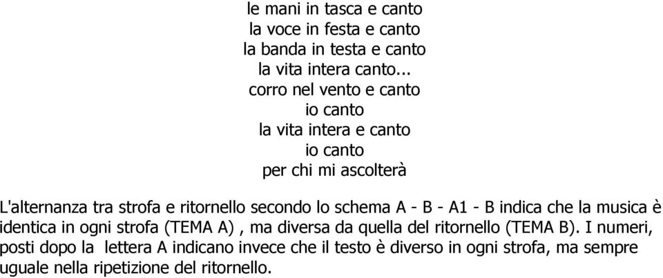 schema A - B - A1 - B indica che la musica è identica in ogni strofa (TEMA A), ma diversa da quella del ritornello