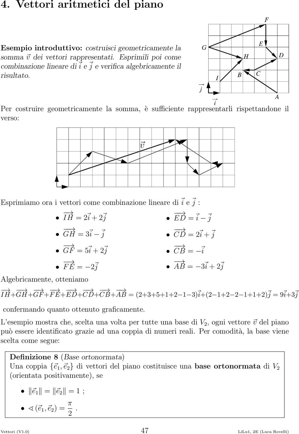 Per costruire geometricamente la somma, è sufficiente rappresentarli rispettandone il verso: Esprimiamo ora i vettori come combinazione lineare di i e j : IH = i + j ED = i j GH = 3 i j GF = 5 i + j