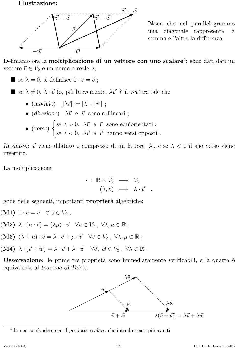 modulo λ = λ ; direzione λ e sono collineari ; { se λ > 0, λ e sono equiorientati ; verso se λ < 0, λ e hanno versi opposti.