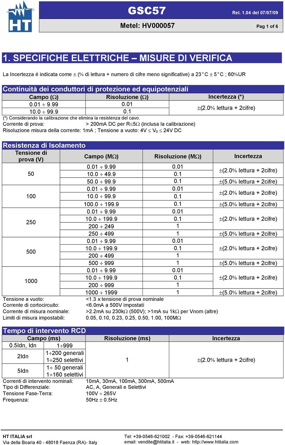 equipotenziali (*) 10.0 99.9 0.1 (*) Considerando la calibrazione che elimina la resistenza del cavo.