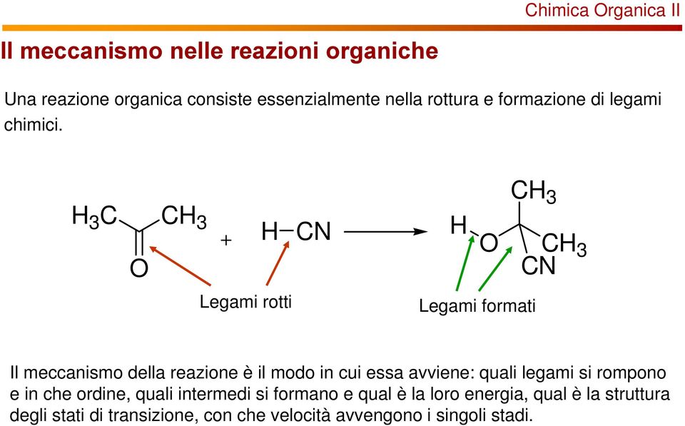 3 C C 3 CN C 3 CN C 3 Legami rotti Legami formati Il meccanismo della reazione è il modo in cui essa