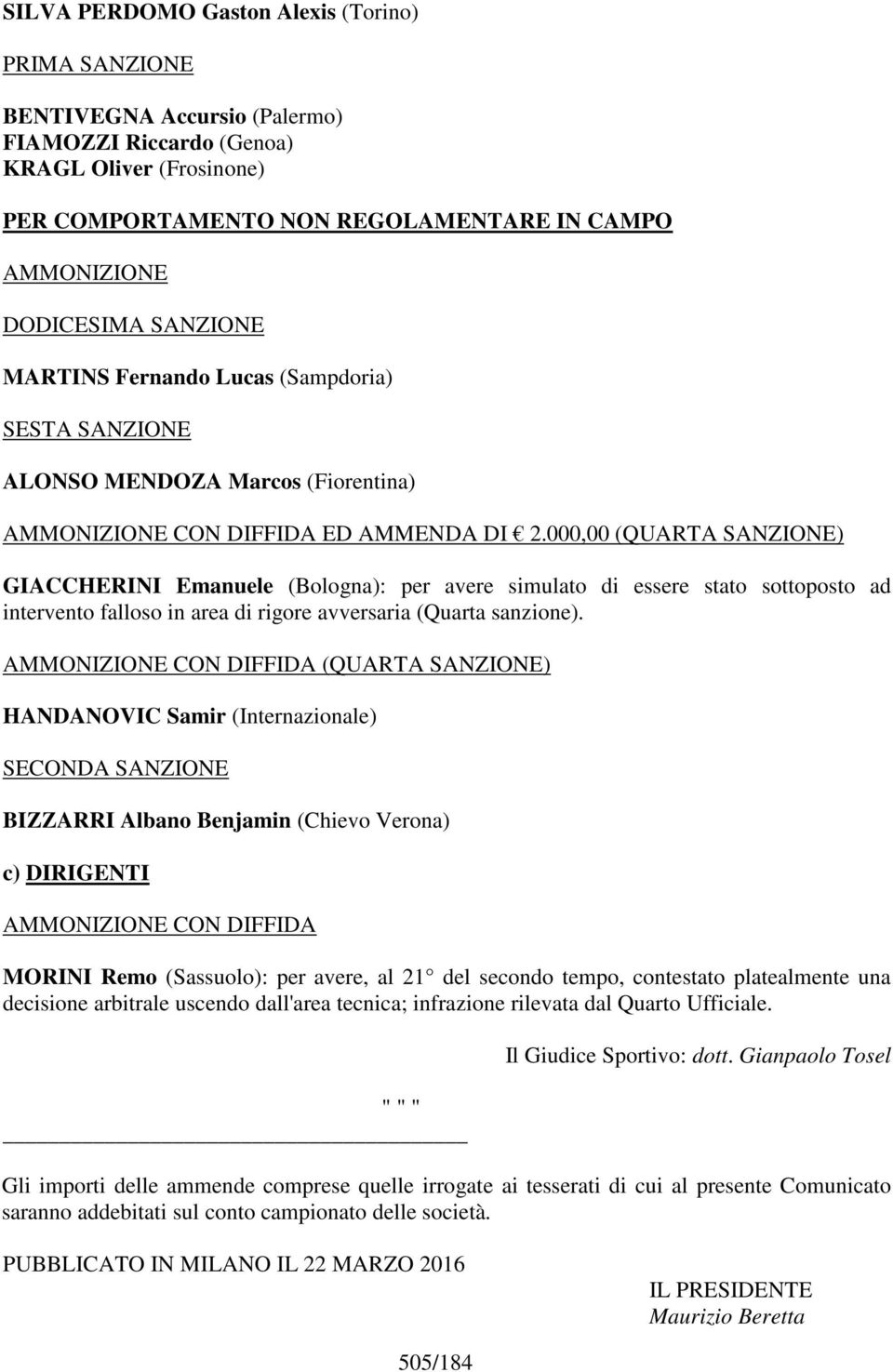 000,00 (QUARTA SANZIONE) GIACCHERINI Emanuele (Bologna): per avere simulato di essere stato sottoposto ad intervento falloso in area di rigore avversaria (Quarta sanzione).