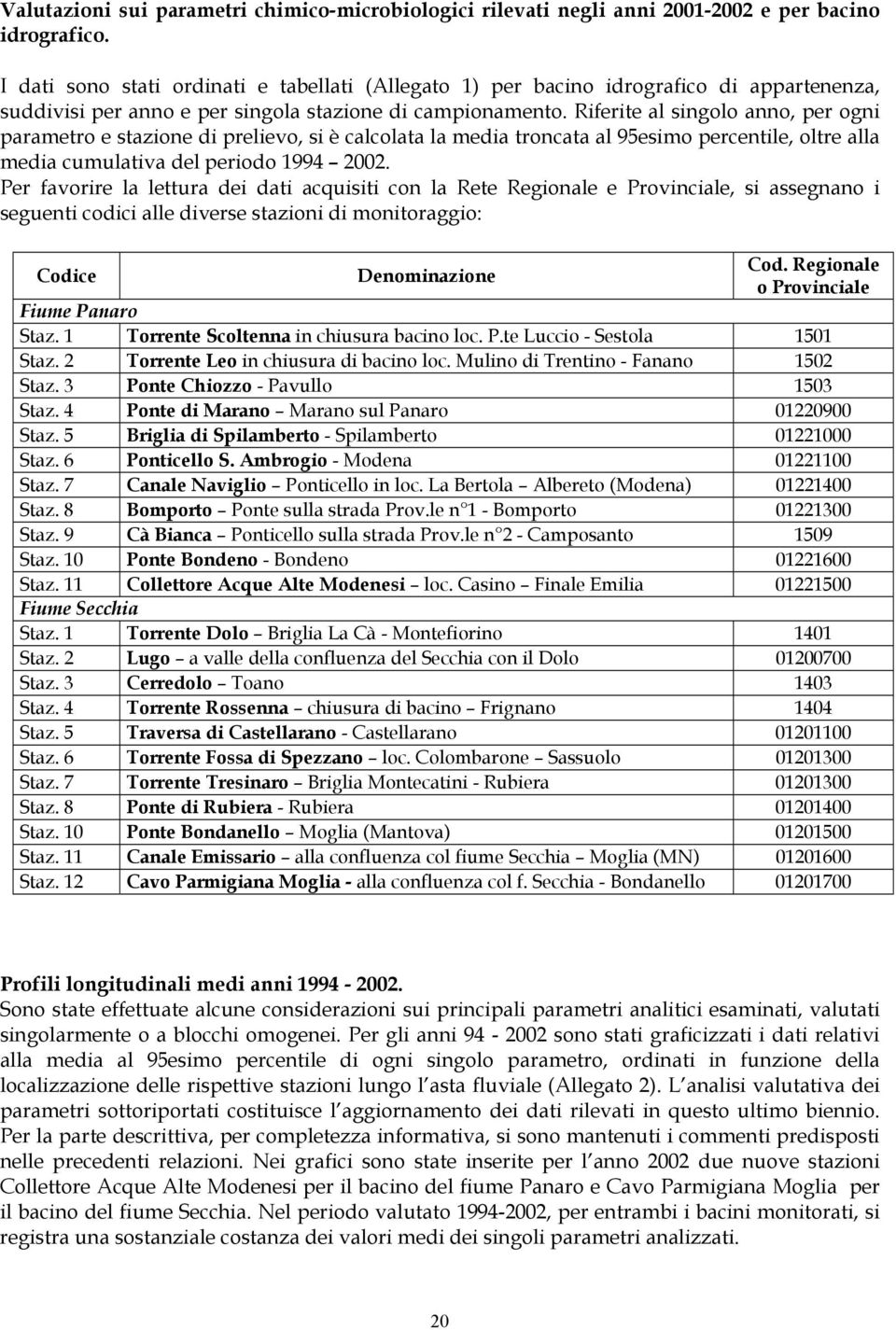 Riferite al singolo anno, per ogni parametro e stazione di prelievo, si è calcolata la media troncata al 95esimo percentile, oltre alla media cumulativa del periodo 1994 2002.